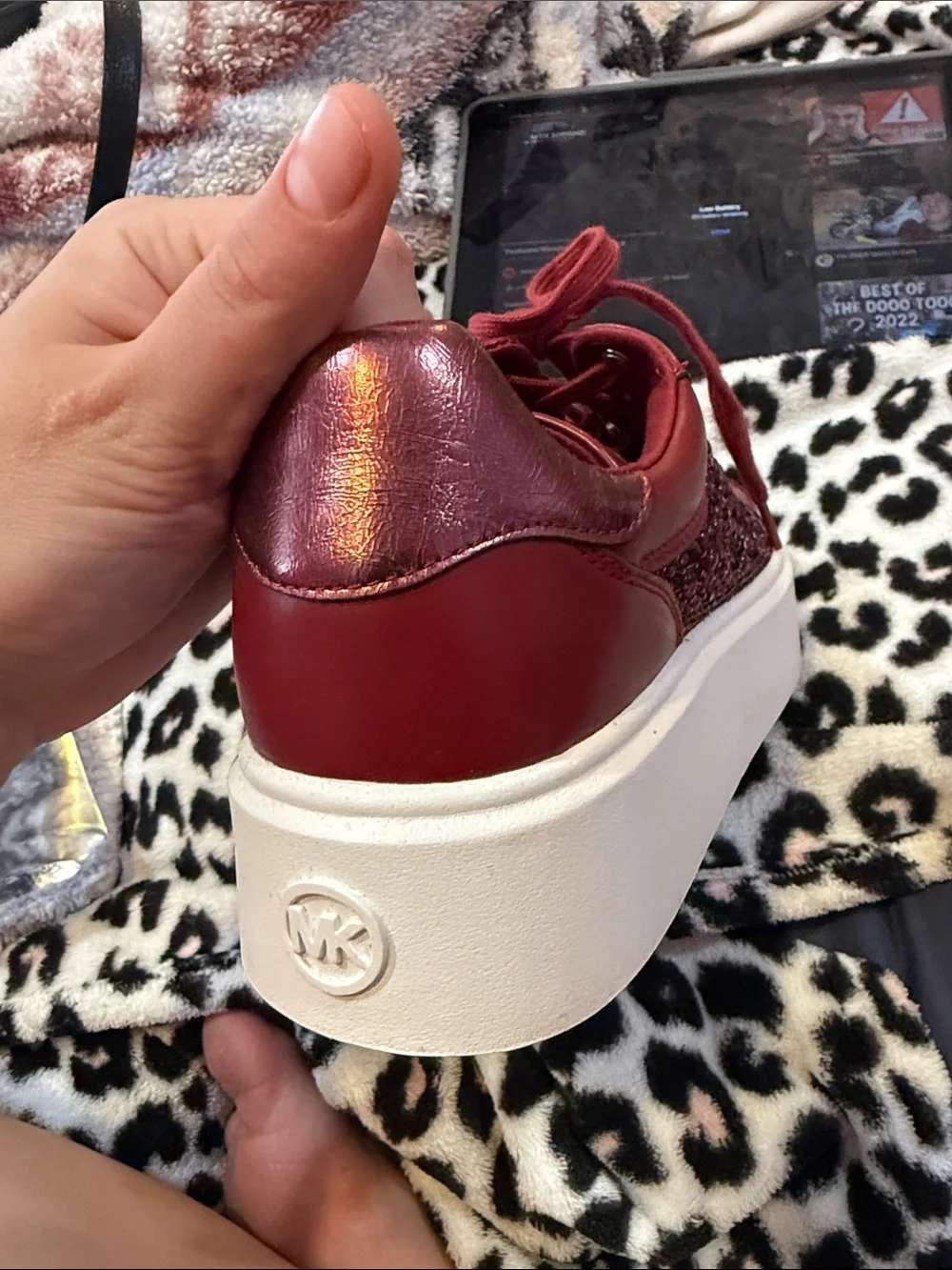 Michael Kors Burgundy Crystal-Embellished Lace-Up Sneakers